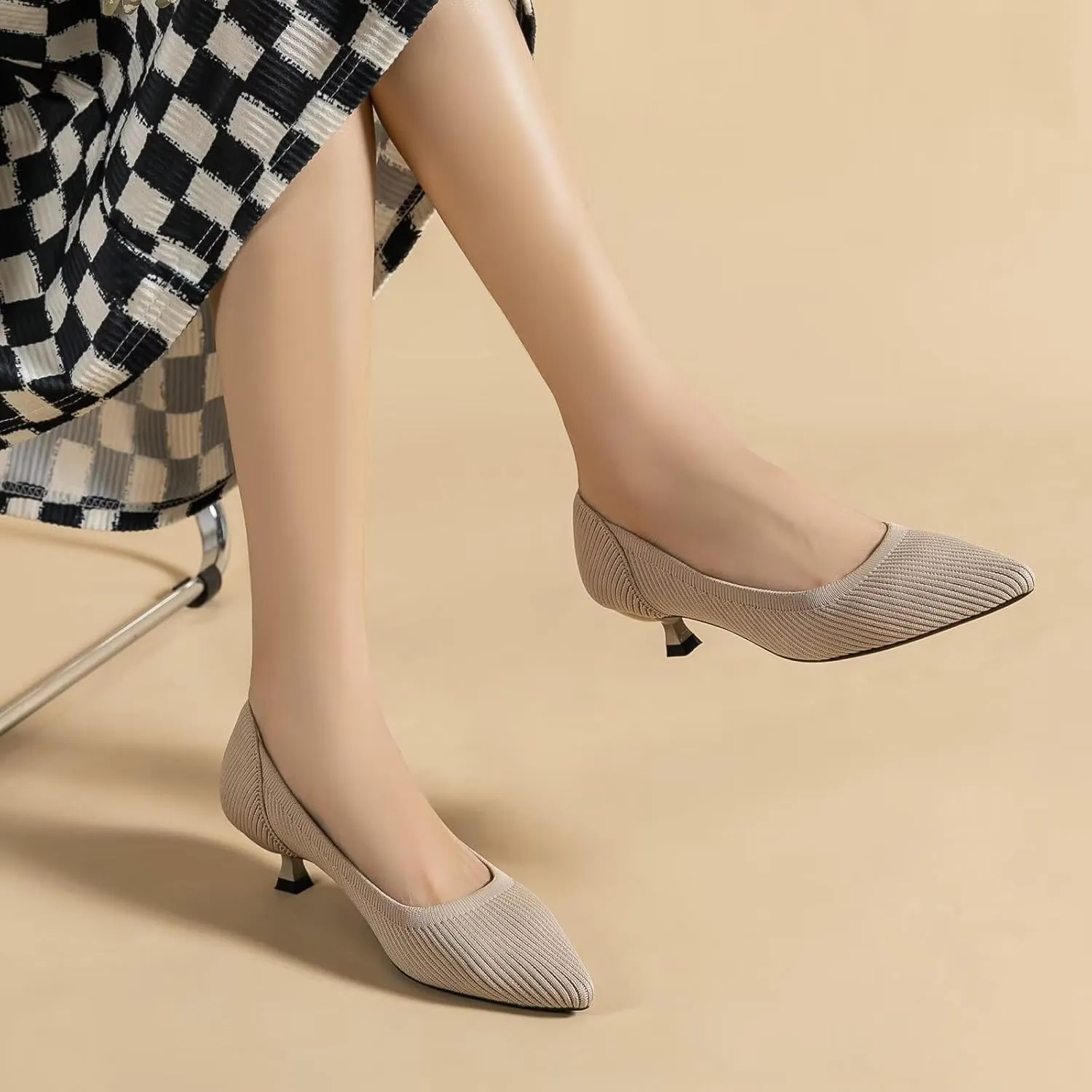 WENJIAZHIZHI Women's Pointy Toe Kitten Heels Classic Knit Pumps for Office Lady Comfortable Wedding Shoes Formal Dress Slip-ons