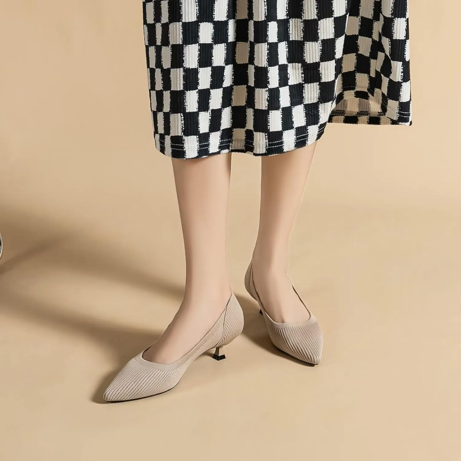 WENJIAZHIZHI Women's Pointy Toe Kitten Heels Classic Knit Pumps for Office Lady Comfortable Wedding Shoes Formal Dress Slip-ons