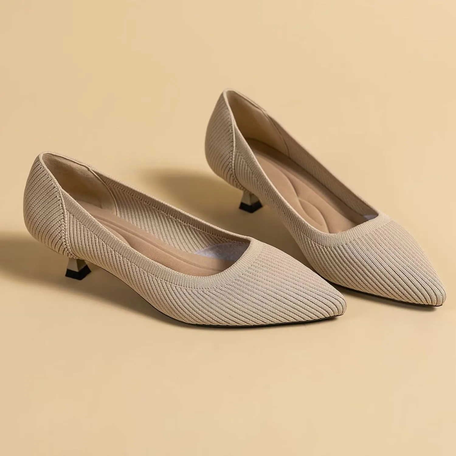 WENJIAZHIZHI Women's Pointy Toe Kitten Heels Classic Knit Pumps for Office Lady Comfortable Wedding Shoes Formal Dress Slip-ons
