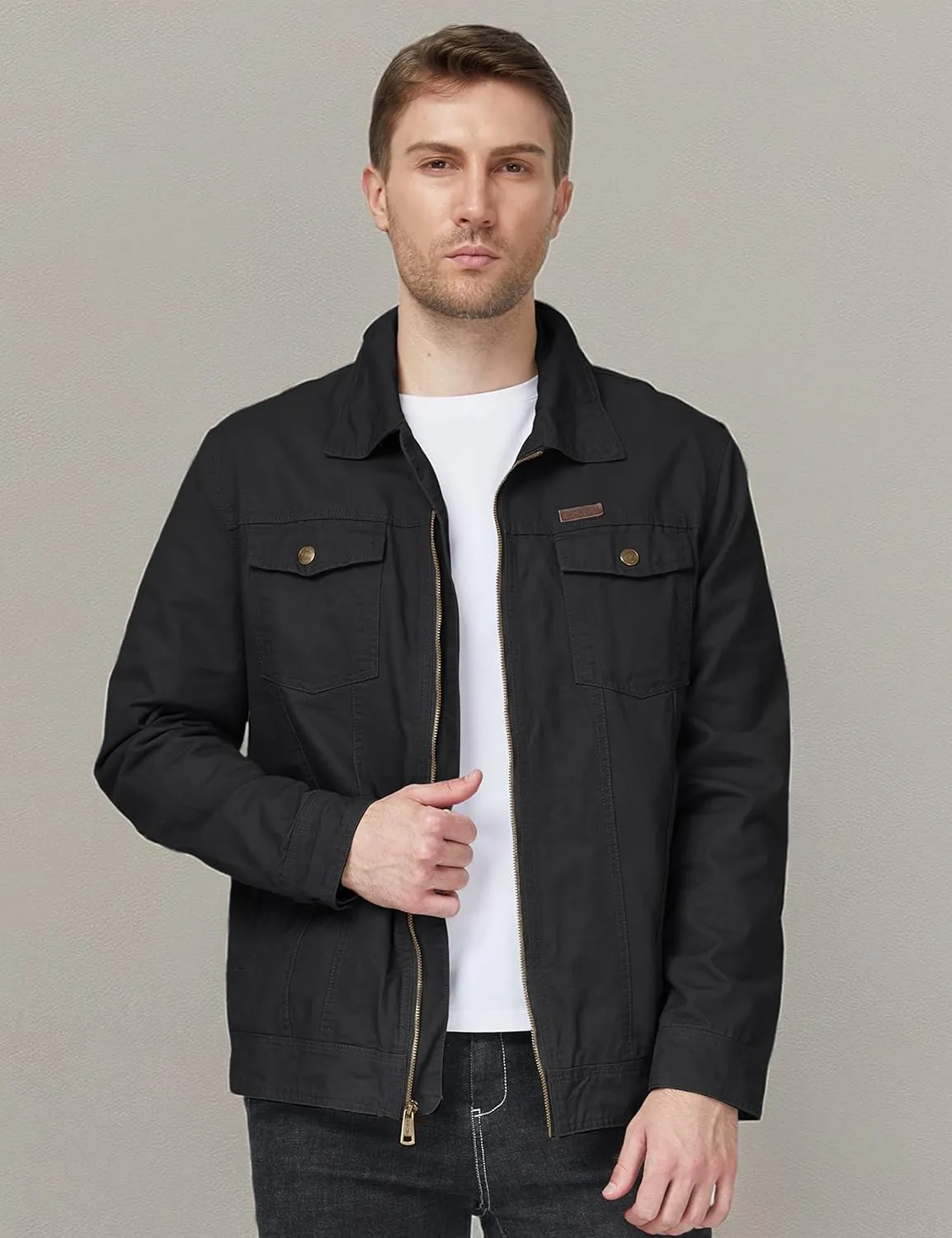 WenVen Men's Casual Canvas Cotton Jacket Lightweight Military Utility Jacket
