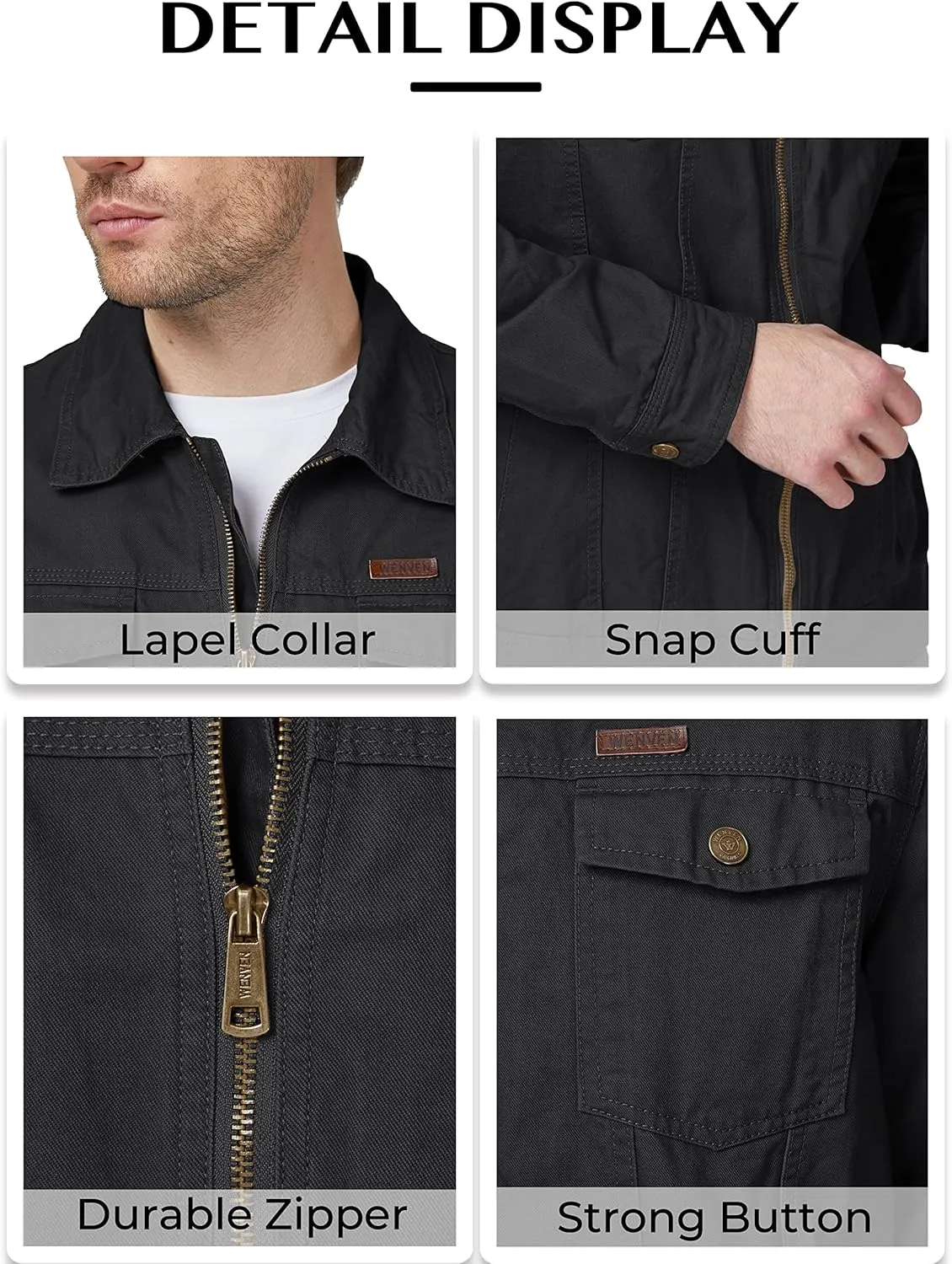 WenVen Men's Casual Canvas Cotton Jacket Lightweight Military Utility Jacket