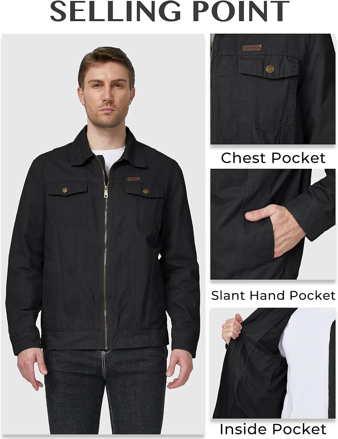 WenVen Men's Casual Canvas Cotton Jacket Lightweight Military Utility Jacket
