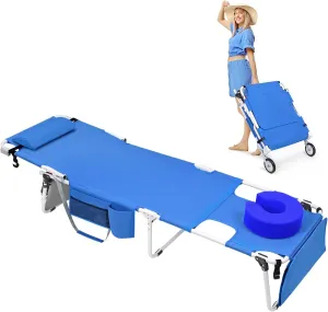 Wheel-To-Go Oversized Tanning Chair with Wheels & Face Hole Thicker Washable Adjustable, Heavy Duty Folding Lay Flat Sun Lounge Chair, Outside Sunbathing Beach Reading Poolside Lawn, XL Wide, 330 LBS