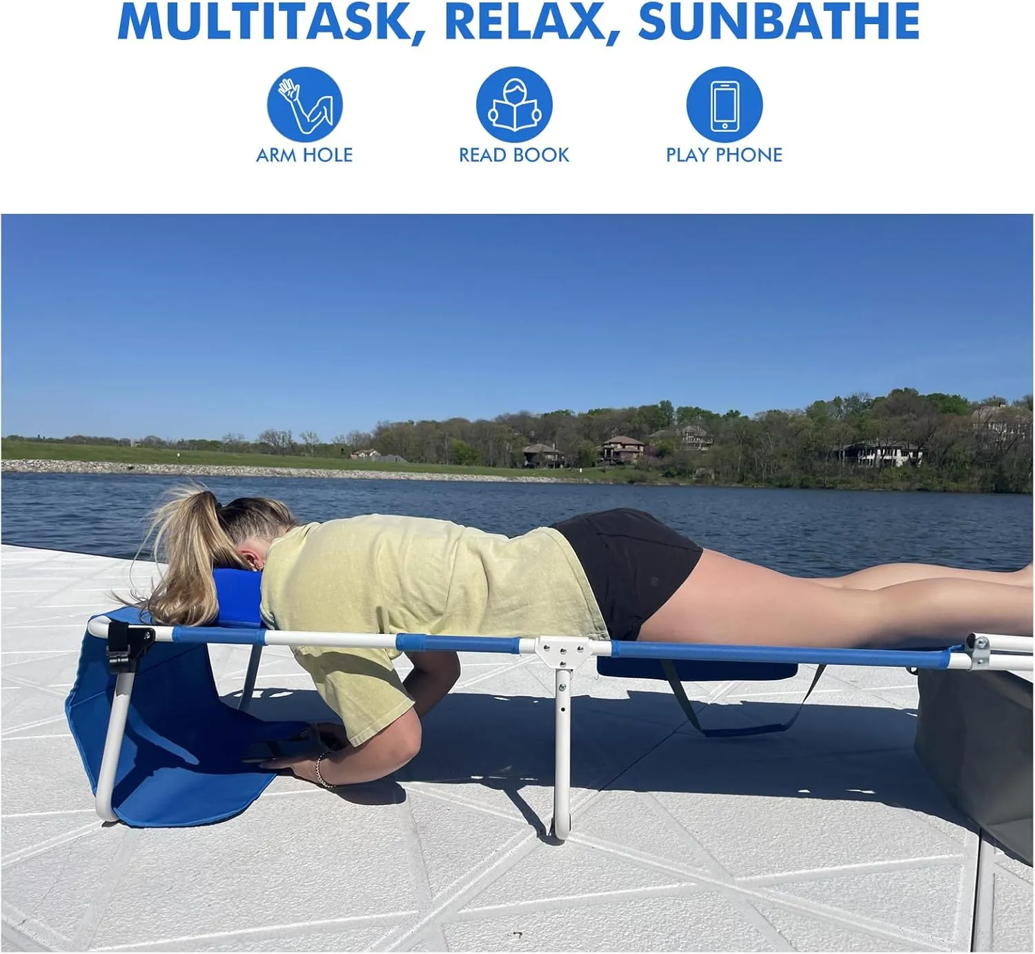 Wheel-To-Go Oversized Tanning Chair with Wheels & Face Hole Thicker Washable Adjustable, Heavy Duty Folding Lay Flat Sun Lounge Chair, Outside Sunbathing Beach Reading Poolside Lawn, XL Wide, 330 LBS