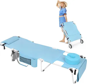Wheel-To-Go Tanning Chair with Wheels & Face Hole Thicker Washable Adjustable, Heavy Duty Folding Lounge Chair, Outside Sunbathing Reading Beach Poolside, Lay Flat Sun Lounger, 300 LBS (Patent Design)
