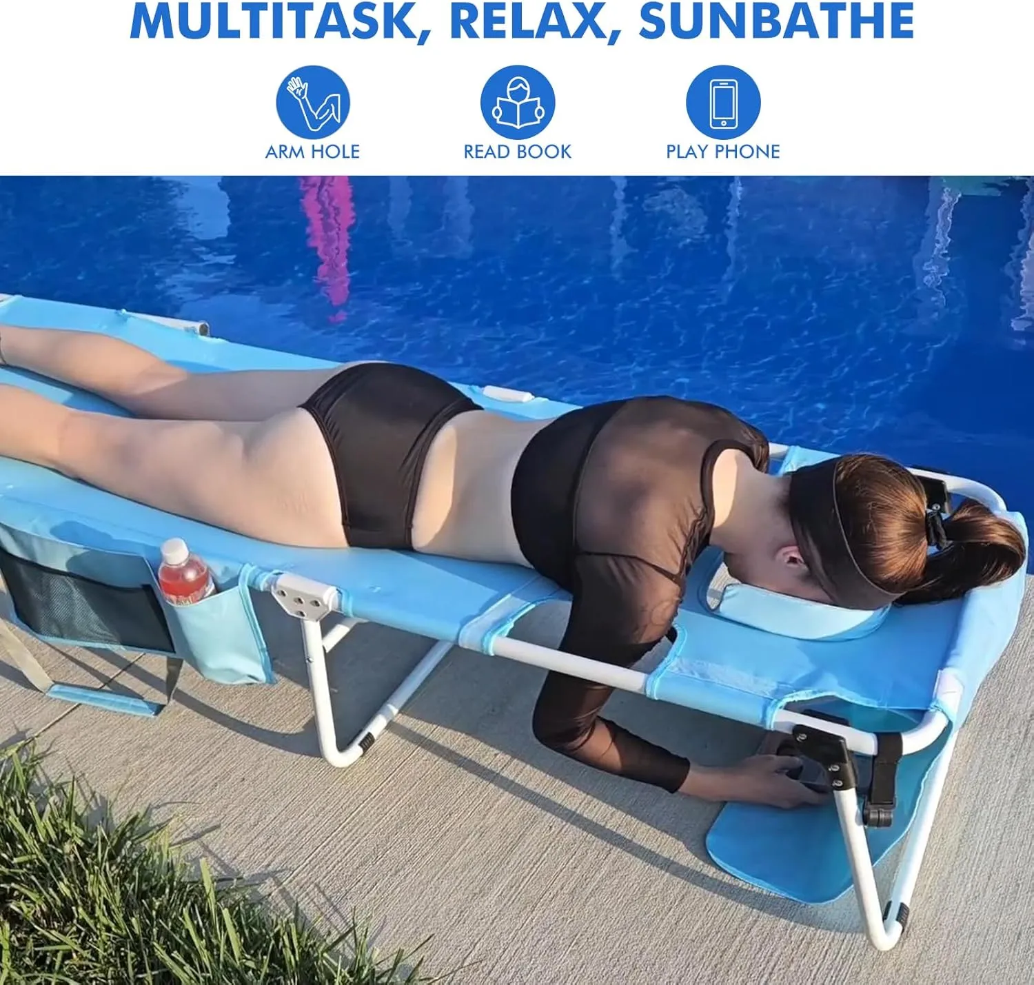 Wheel-To-Go Tanning Chair with Wheels & Face Hole Thicker Washable Adjustable, Heavy Duty Folding Lounge Chair, Outside Sunbathing Reading Beach Poolside, Lay Flat Sun Lounger, 300 LBS (Patent Design)