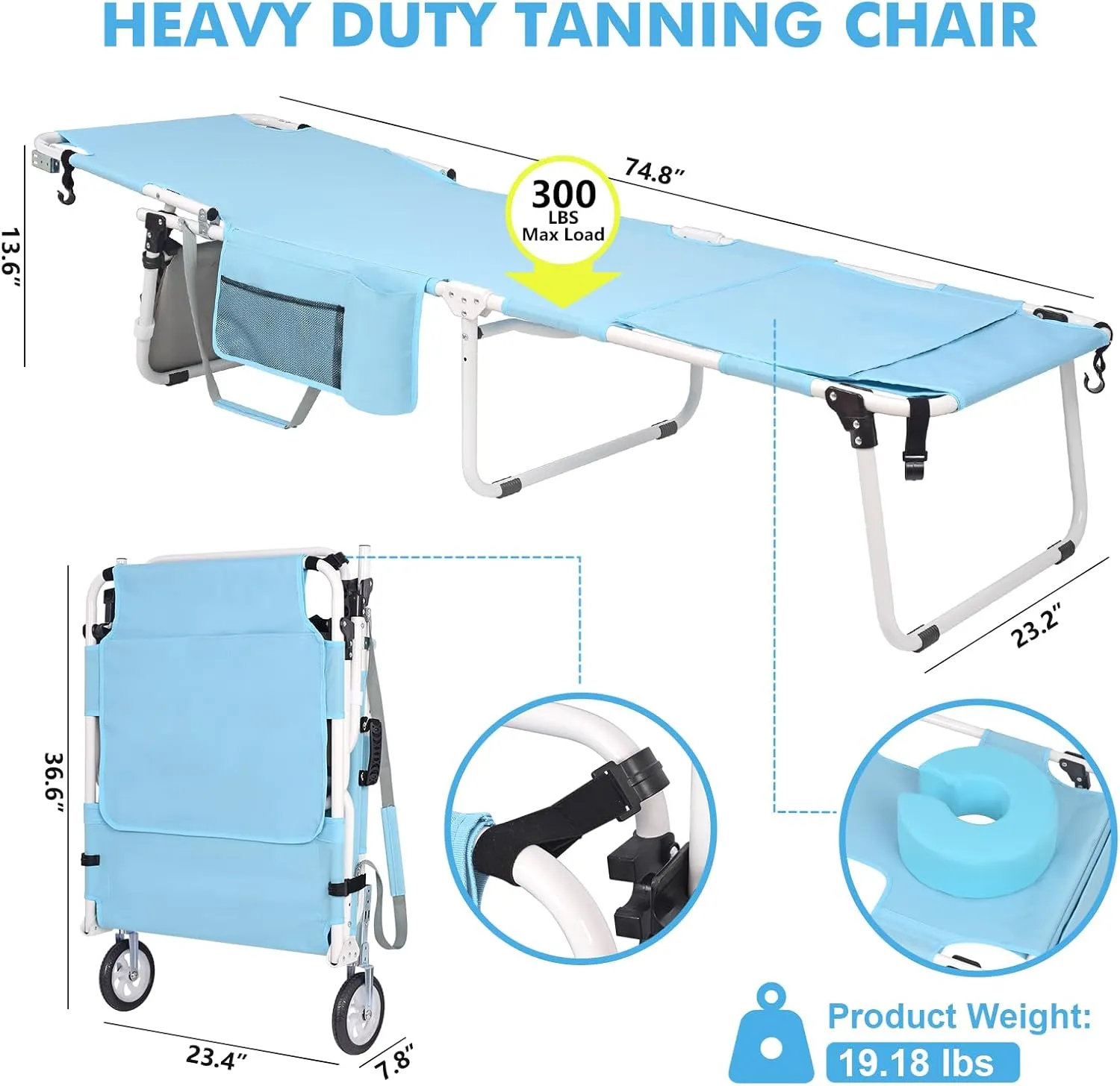 Wheel-To-Go Tanning Chair with Wheels & Face Hole Thicker Washable Adjustable, Heavy Duty Folding Lounge Chair, Outside Sunbathing Reading Beach Poolside, Lay Flat Sun Lounger, 300 LBS (Patent Design)