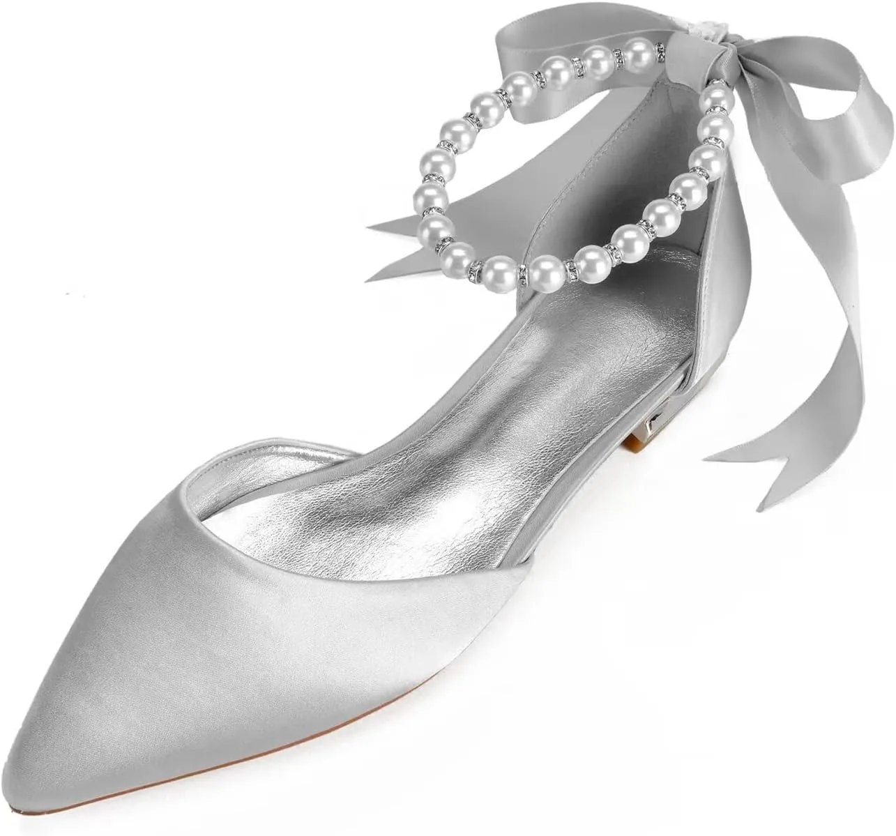 White Wedding Flats for Bride Pointed Toe Pearls Satin Bridal Flats Prom Dressy Pumps