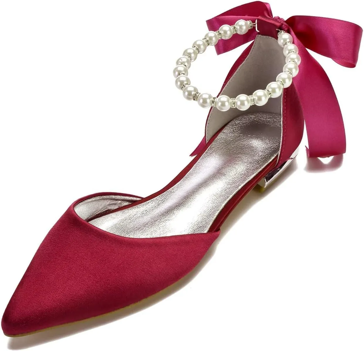 White Wedding Flats for Bride Pointed Toe Pearls Satin Bridal Flats Prom Dressy Pumps
