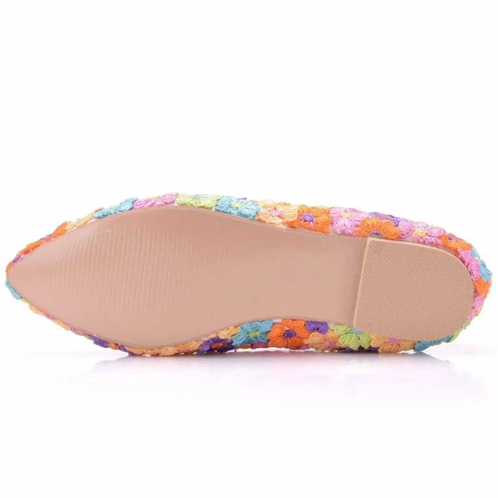 Women Flat Shoes / Colorful Flower Lace Flats Pointed Toe Shoes