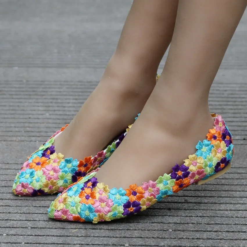 Women Flat Shoes / Colorful Flower Lace Flats Pointed Toe Shoes