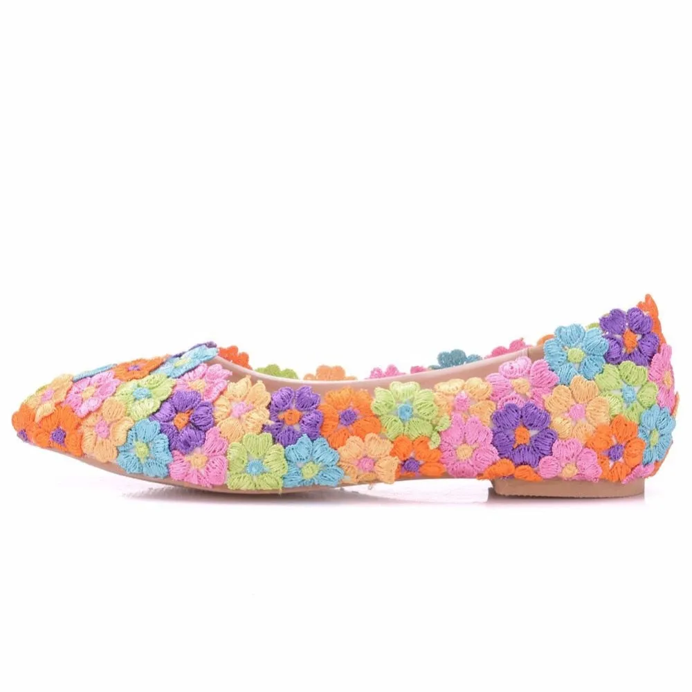 Women Flat Shoes / Colorful Flower Lace Flats Pointed Toe Shoes
