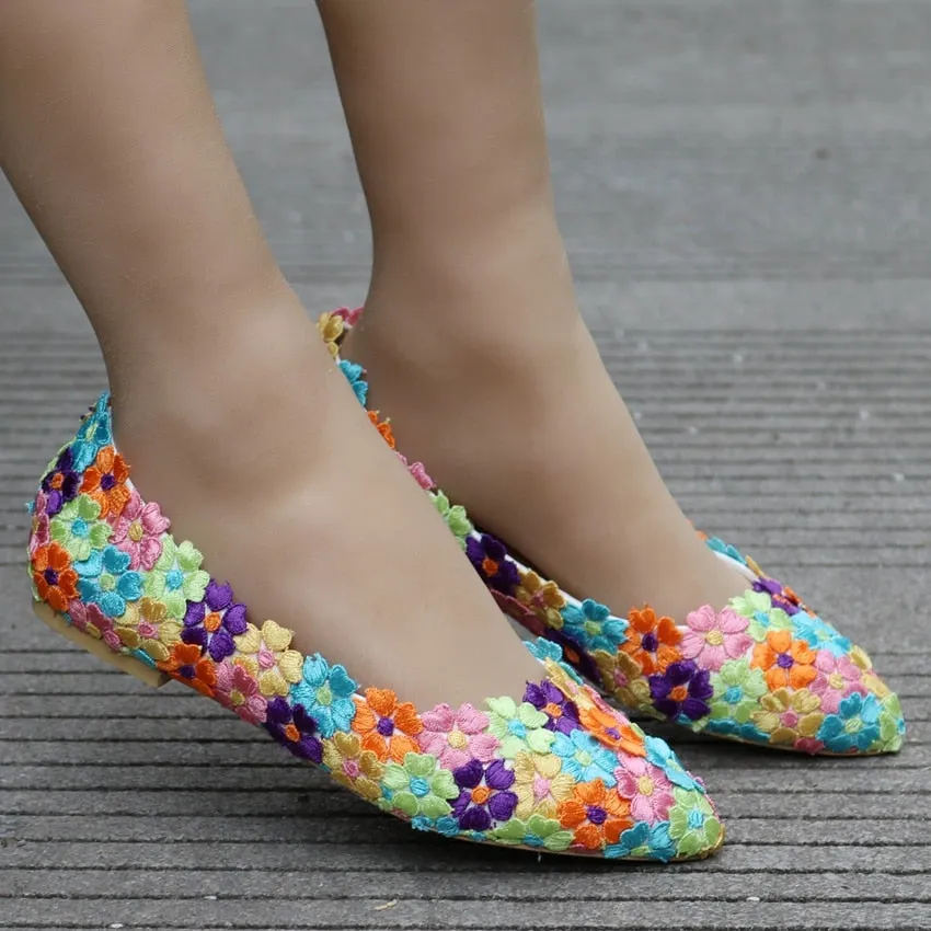 Women Flat Shoes / Colorful Flower Lace Flats Pointed Toe Shoes