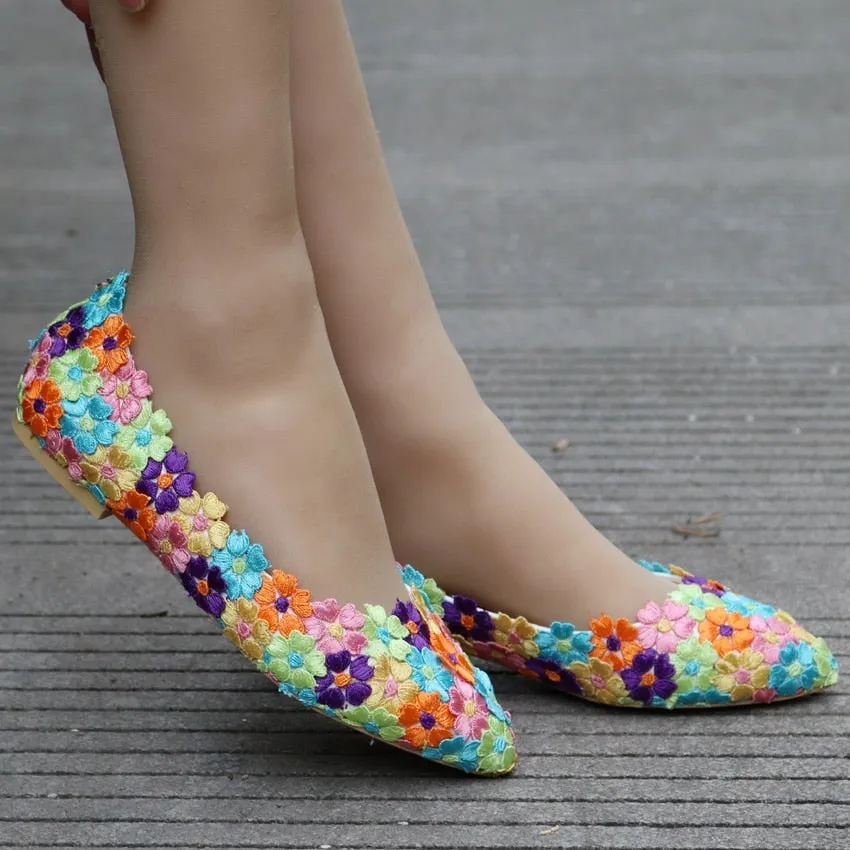 Women Flat Shoes / Colorful Flower Lace Flats Pointed Toe Shoes