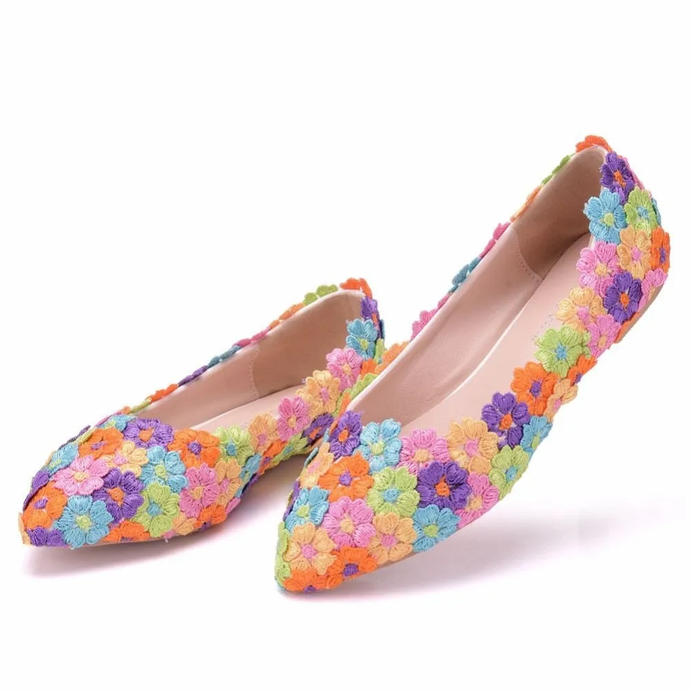 Women Flat Shoes / Colorful Flower Lace Flats Pointed Toe Shoes