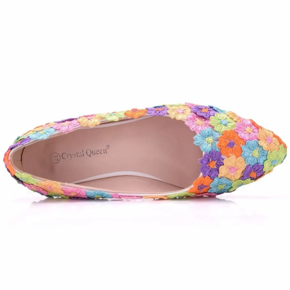 Women Flat Shoes / Colorful Flower Lace Flats Pointed Toe Shoes