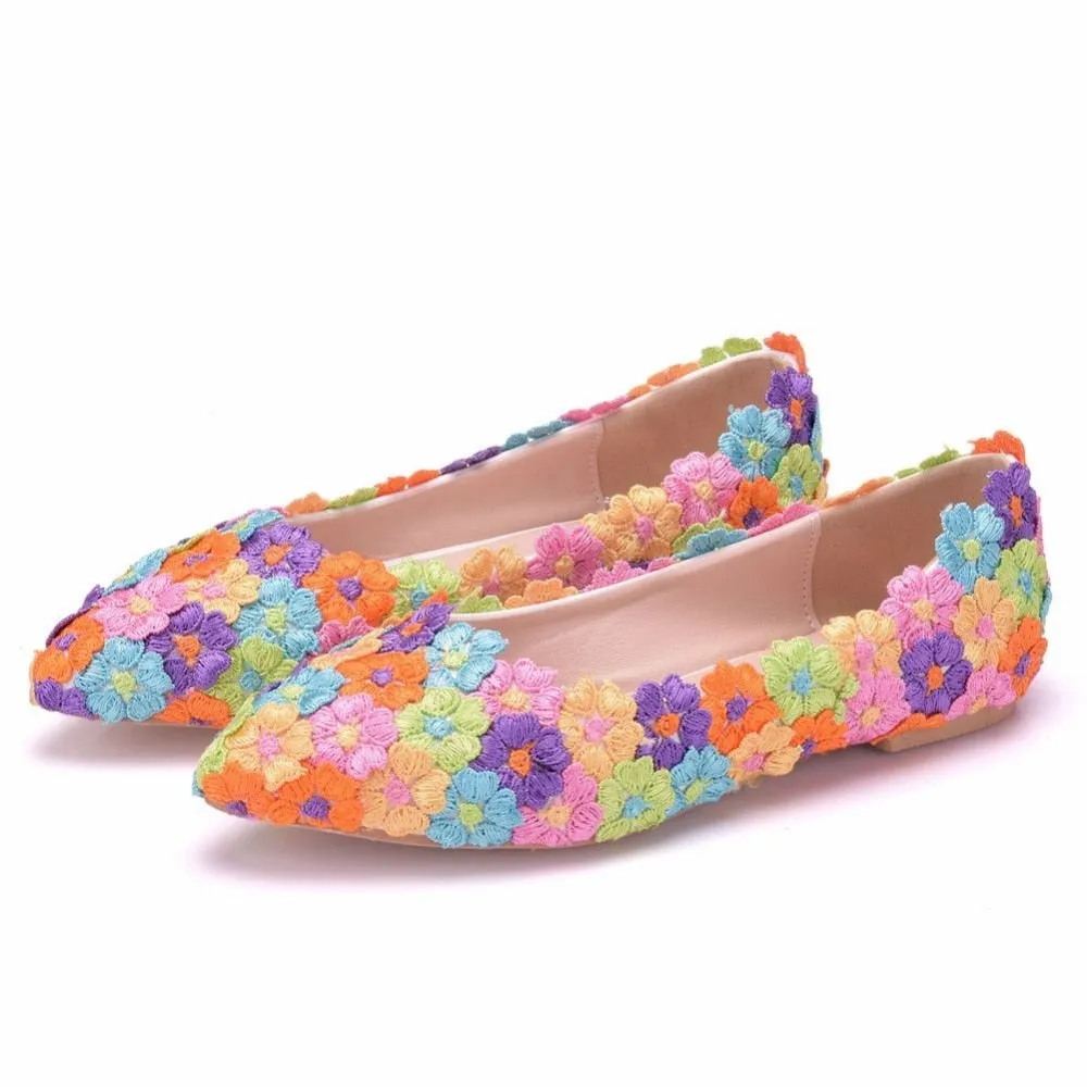 Women Flat Shoes / Colorful Flower Lace Flats Pointed Toe Shoes