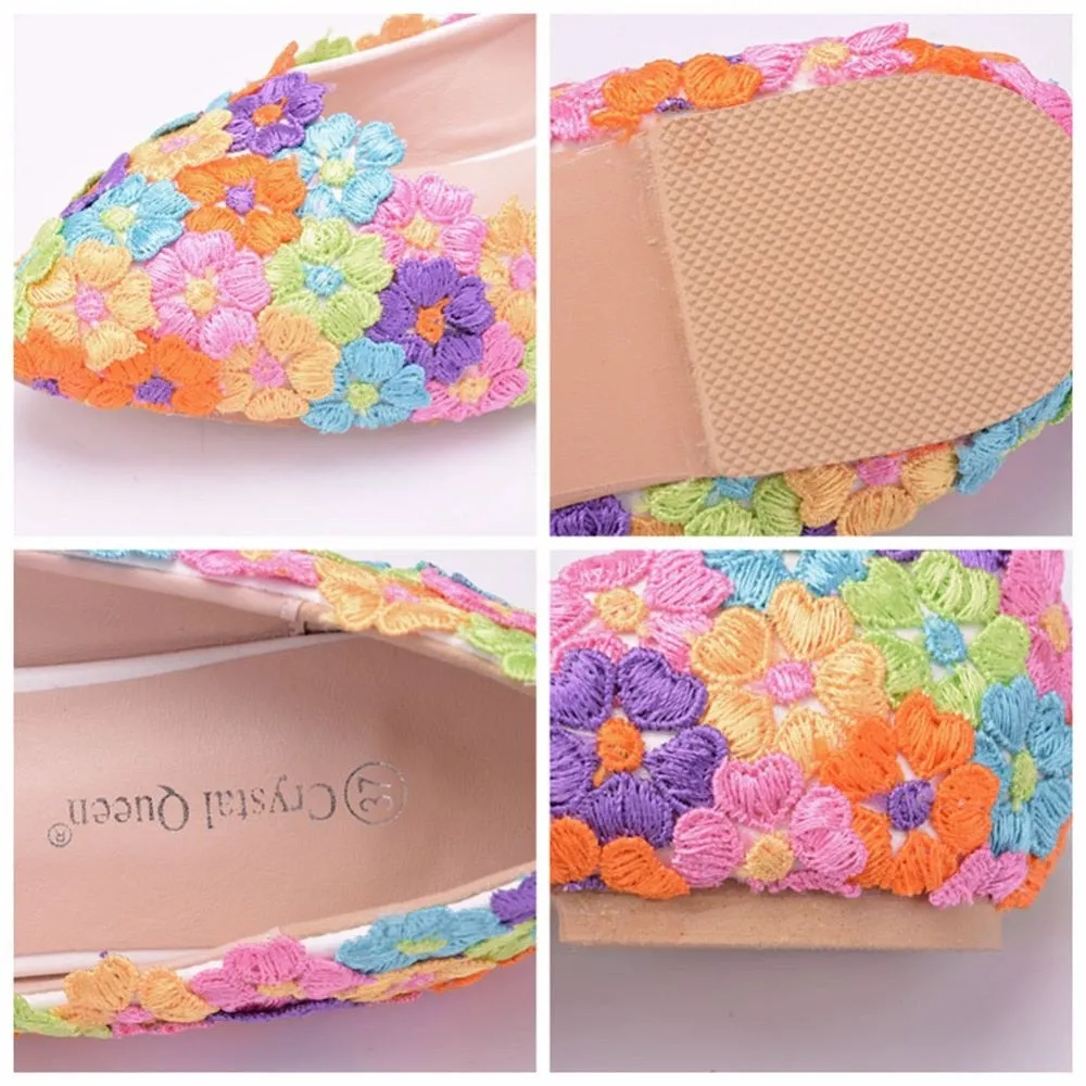 Women Flat Shoes / Colorful Flower Lace Flats Pointed Toe Shoes