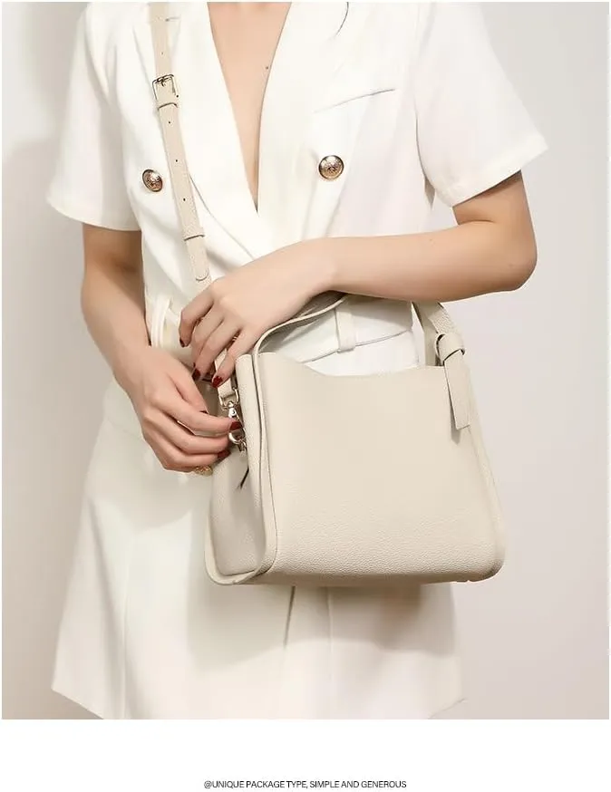 Women Genuine Leather Bucket Bag Vegetable Basket Bag Shoulder Handbag Cowhide Crossbody Purse Adjustable Straps