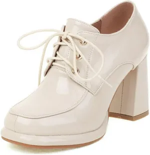 Women Patent PU Leather Pumps Platform Chunky High Heel Square Toe Comfy Lace Up Oxford Dress Shoes