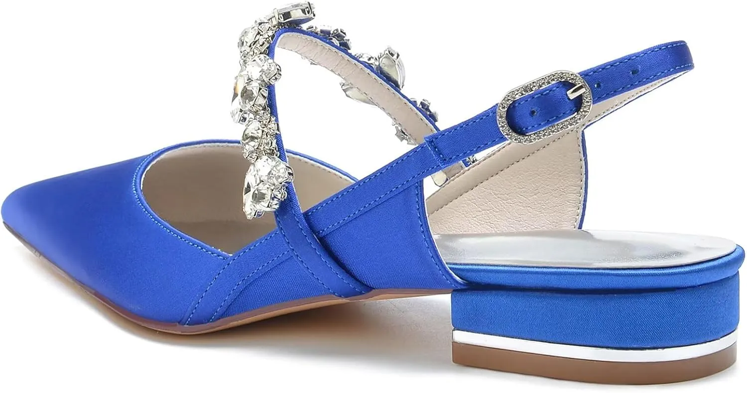 Women Pointed Toe Wedding Flats Sandals Sparkly Rhinestones Ankle Strap Satin Wedding Bridal Dress Shoes Slingback Pumps for Bride Bridesmaid Block Low Heel