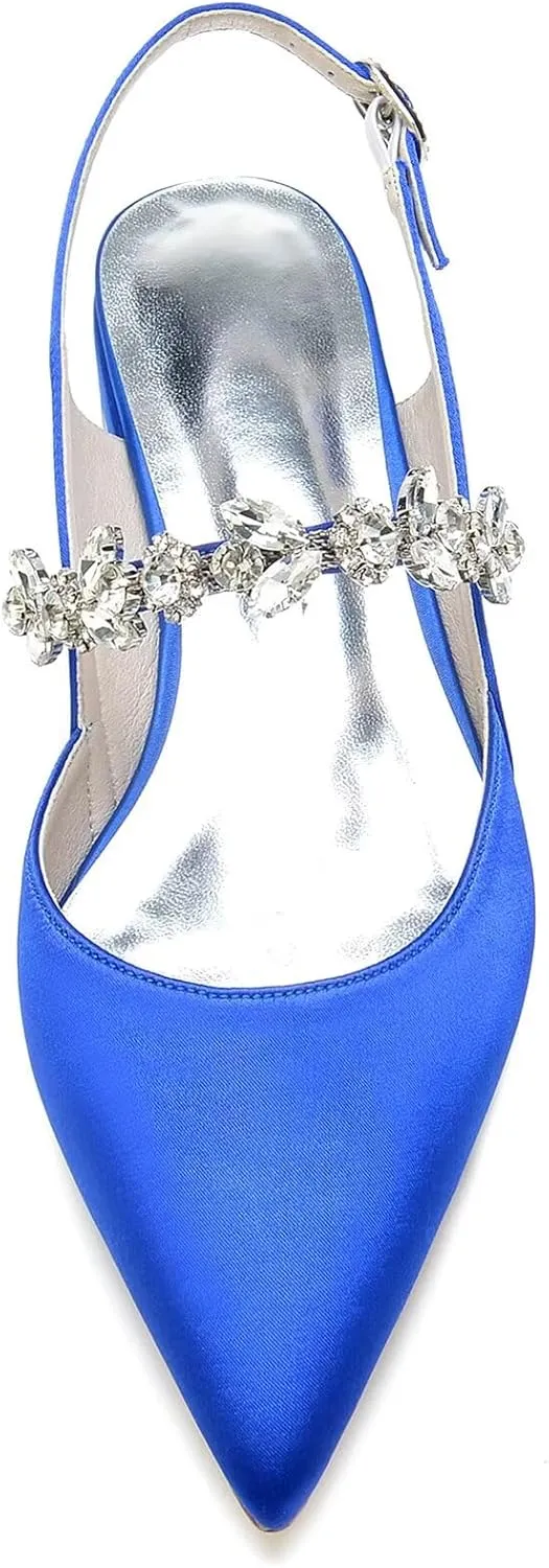 Women Pointed Toe Wedding Flats Sandals Sparkly Rhinestones Ankle Strap Satin Wedding Bridal Dress Shoes Slingback Pumps for Bride Bridesmaid Block Low Heel