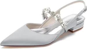 Women Pointed Toe Wedding Flats Sandals Sparkly Rhinestones Ankle Strap Satin Wedding Bridal Dress Shoes Slingback Pumps for Bride Bridesmaid Block Low Heel