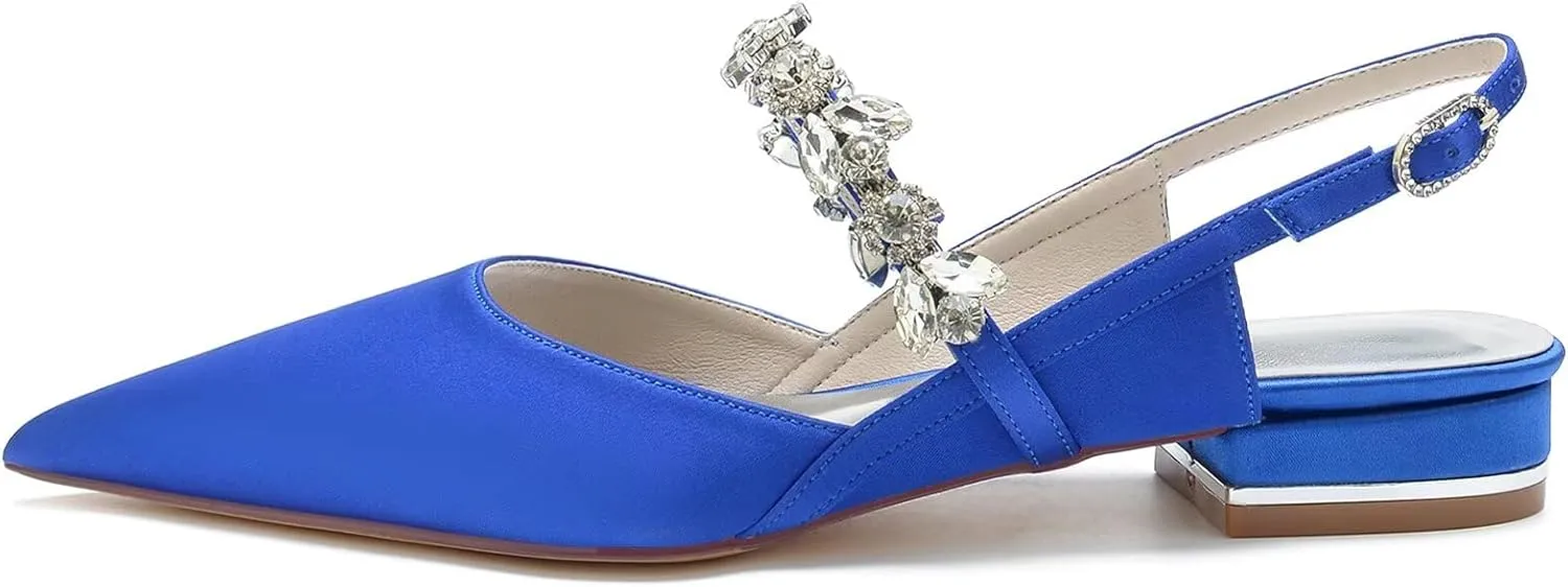 Women Pointed Toe Wedding Flats Sandals Sparkly Rhinestones Ankle Strap Satin Wedding Bridal Dress Shoes Slingback Pumps for Bride Bridesmaid Block Low Heel