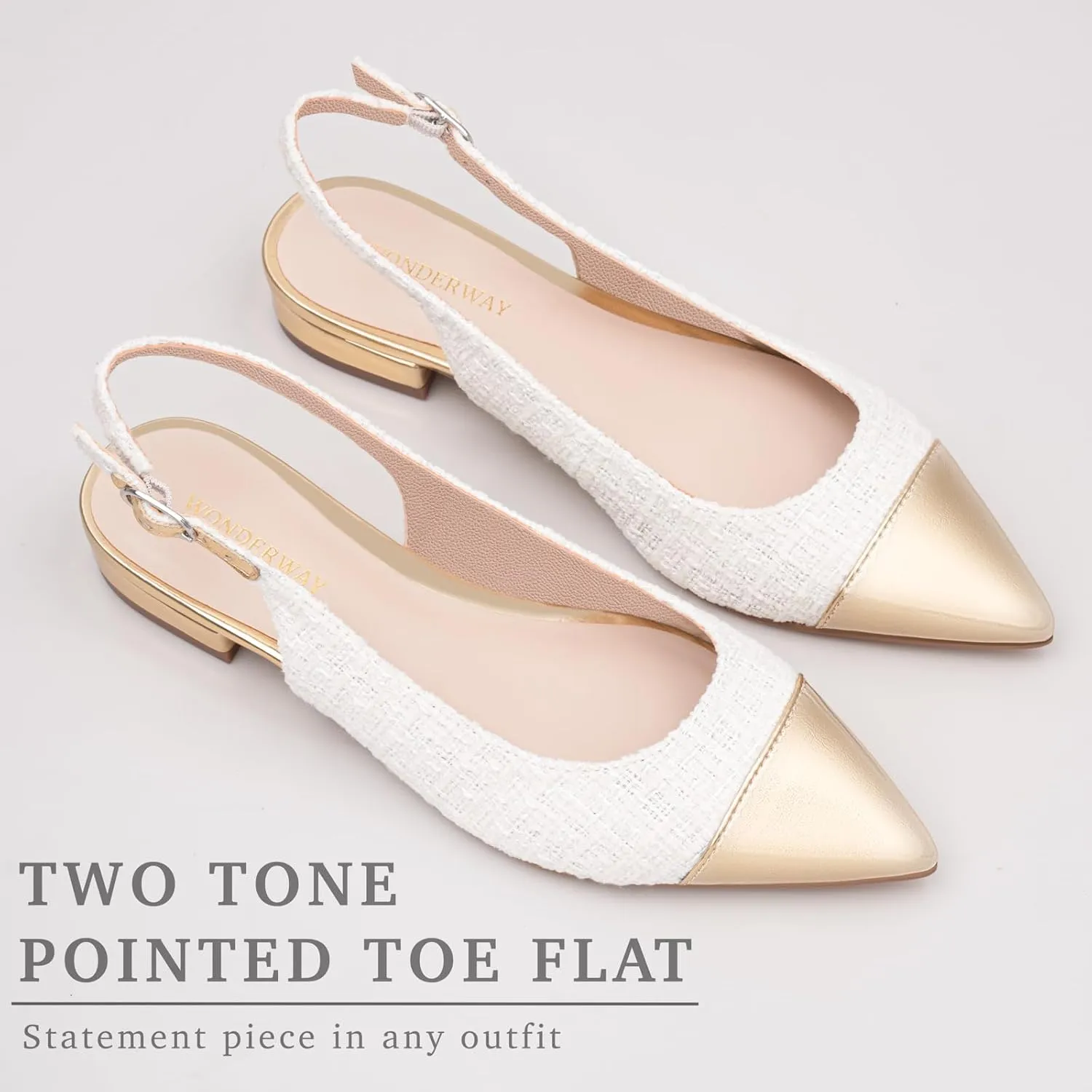 Women Slingback Flats Tweed Pointed Toe Slingback Flats Cap Toe Dress Shoes for Women