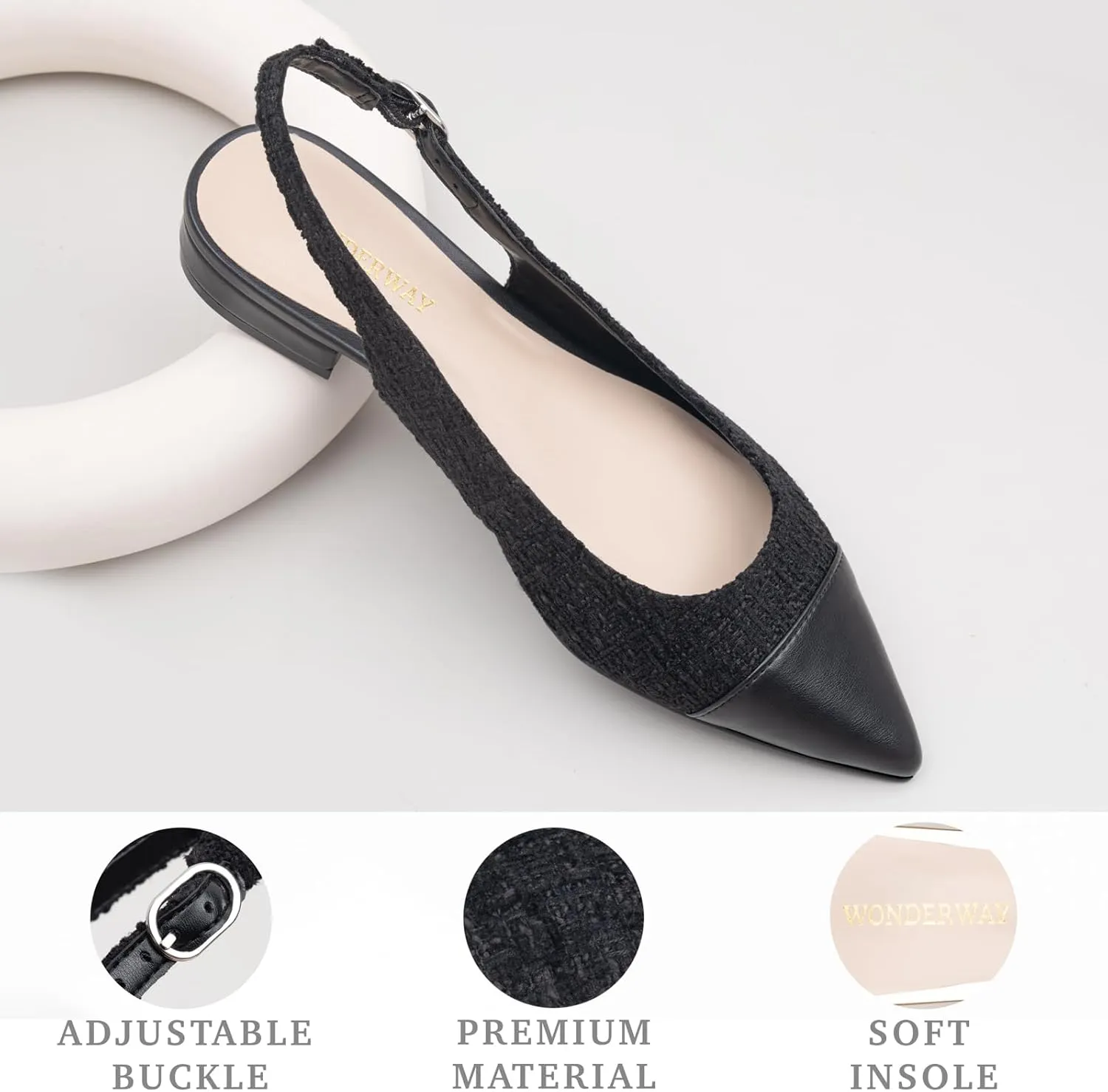 Women Slingback Flats Tweed Pointed Toe Slingback Flats Cap Toe Dress Shoes for Women