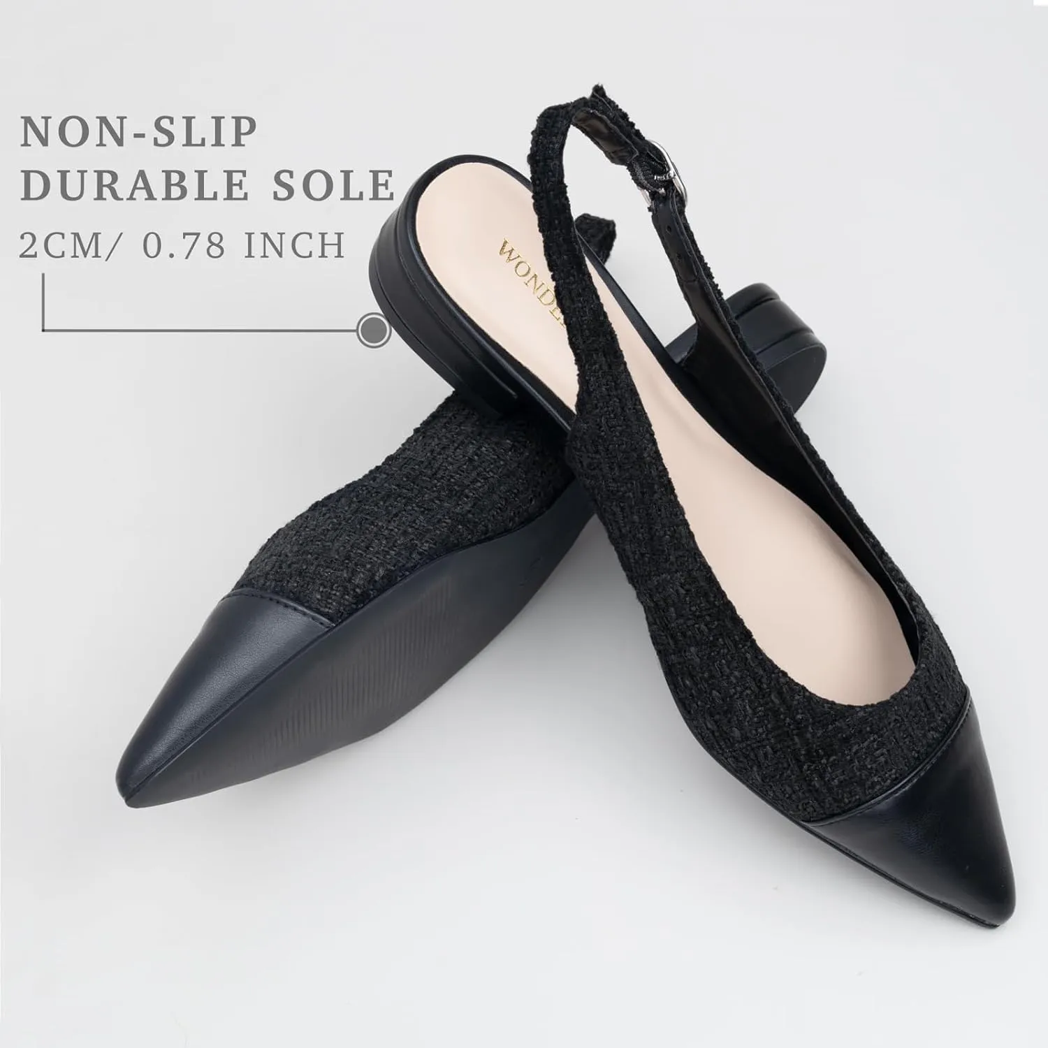 Women Slingback Flats Tweed Pointed Toe Slingback Flats Cap Toe Dress Shoes for Women