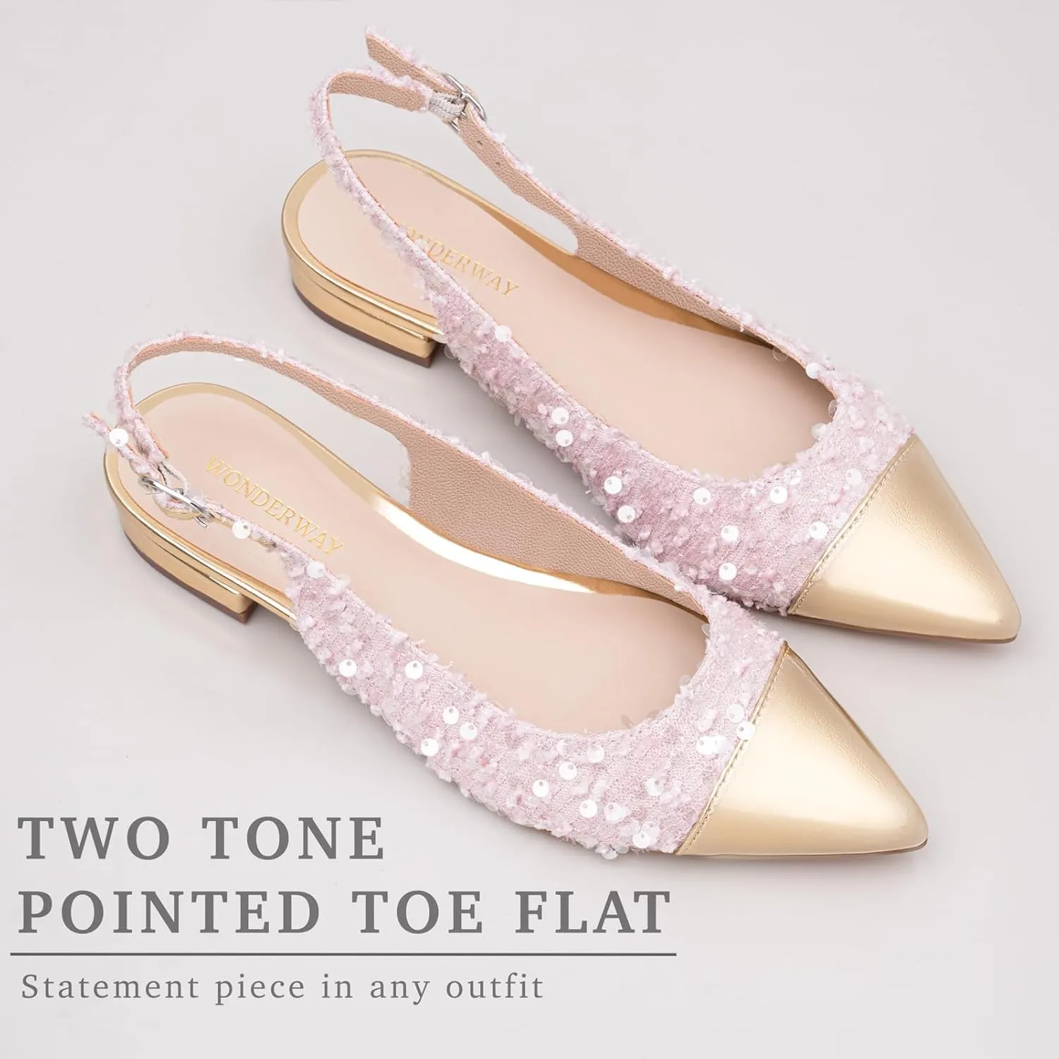 Women Slingback Flats Tweed Pointed Toe Slingback Flats Cap Toe Dress Shoes for Women