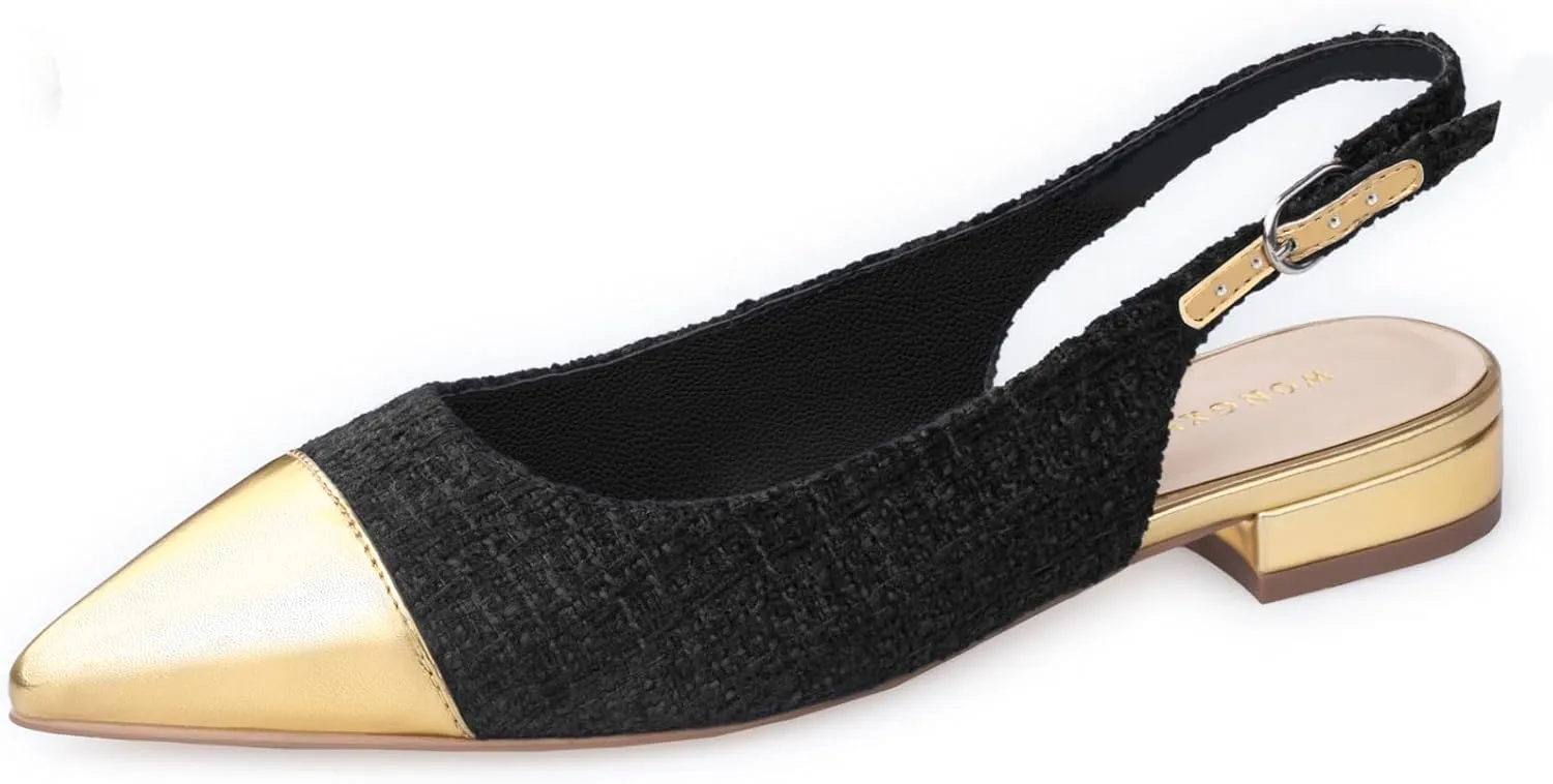 Women Slingback Flats Tweed Pointed Toe Slingback Flats Cap Toe Dress Shoes for Women