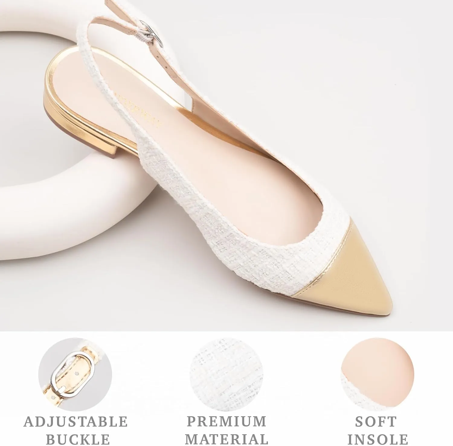 Women Slingback Flats Tweed Pointed Toe Slingback Flats Cap Toe Dress Shoes for Women
