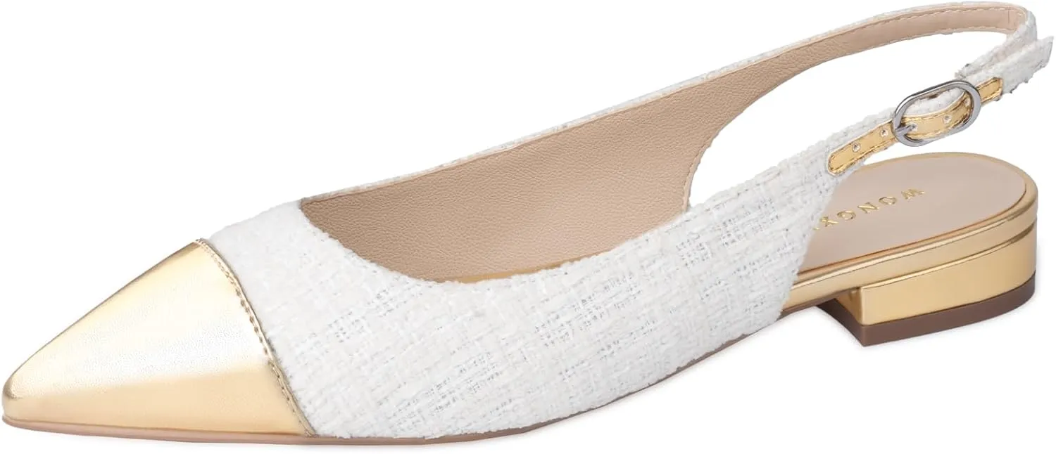 Women Slingback Flats Tweed Pointed Toe Slingback Flats Cap Toe Dress Shoes for Women