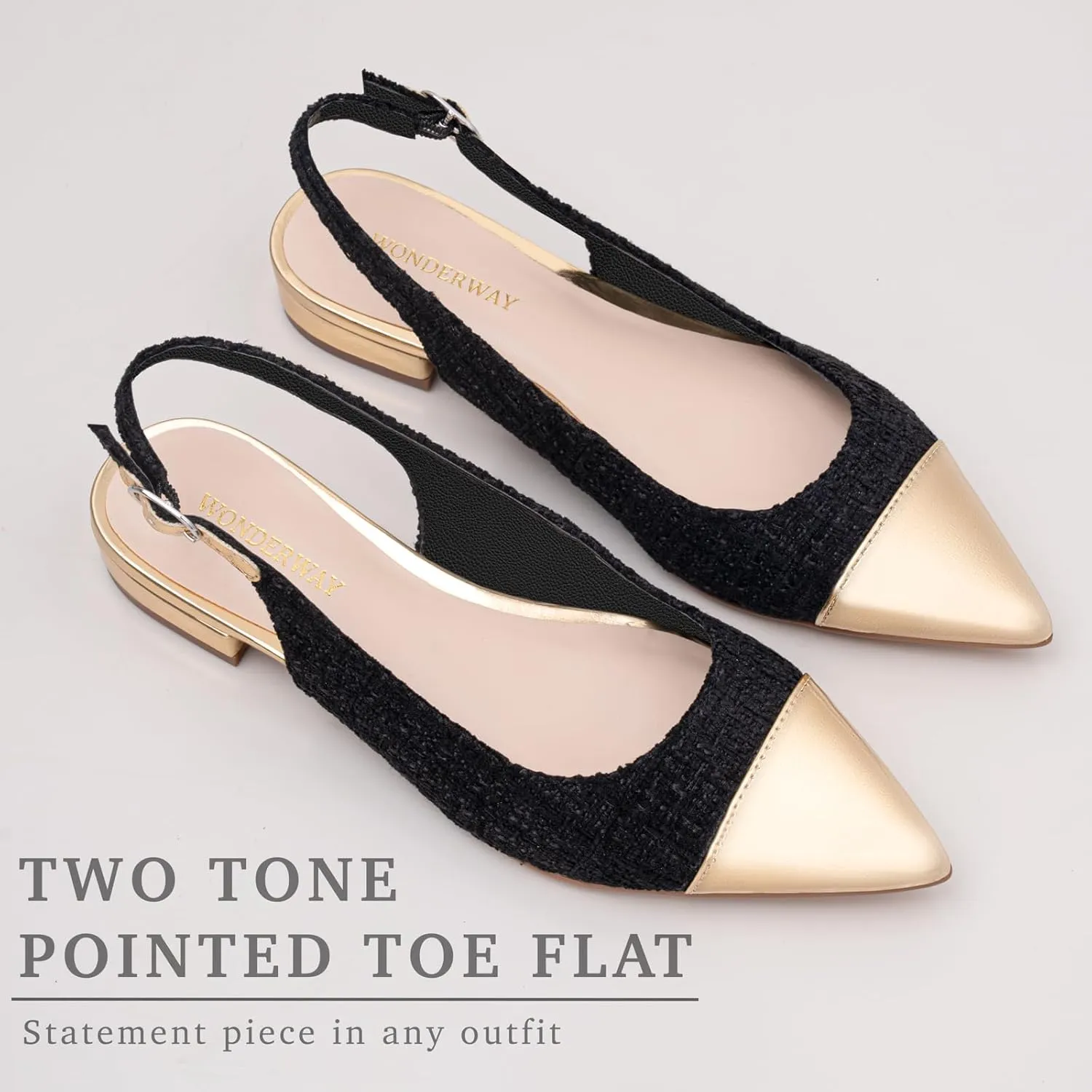 Women Slingback Flats Tweed Pointed Toe Slingback Flats Cap Toe Dress Shoes for Women