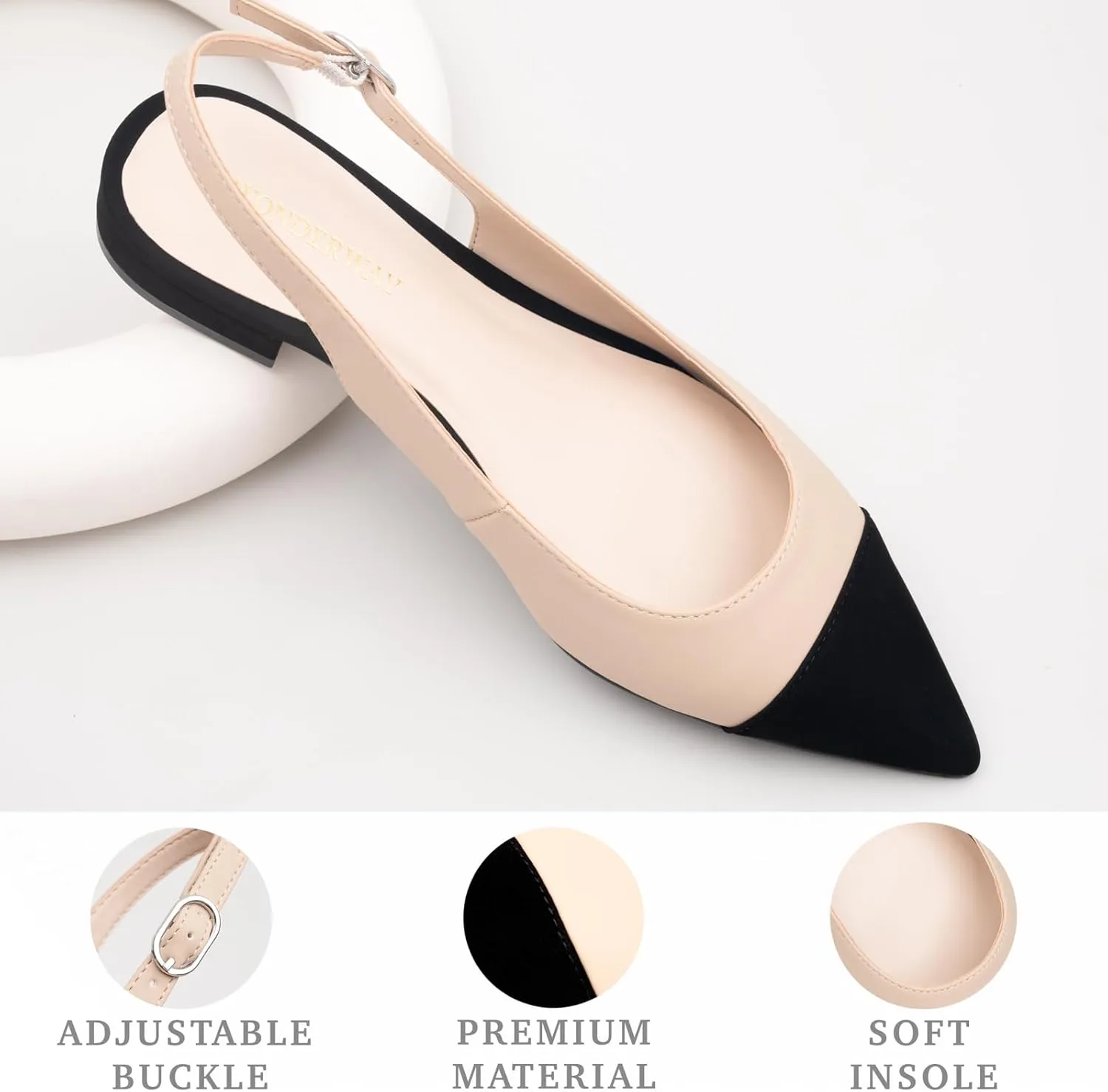 Women Slingback Flats Tweed Pointed Toe Slingback Flats Cap Toe Dress Shoes for Women