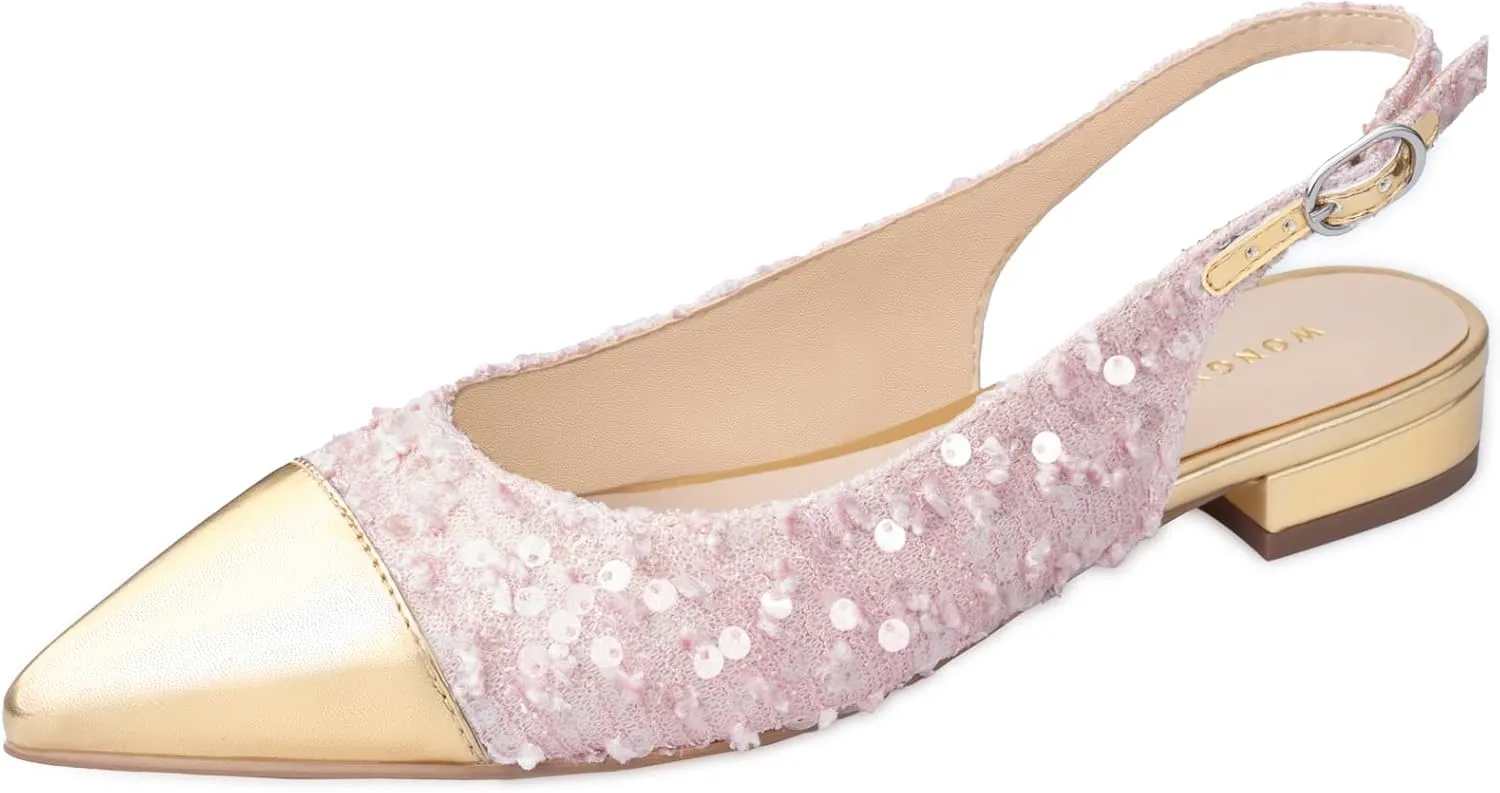 Women Slingback Flats Tweed Pointed Toe Slingback Flats Cap Toe Dress Shoes for Women