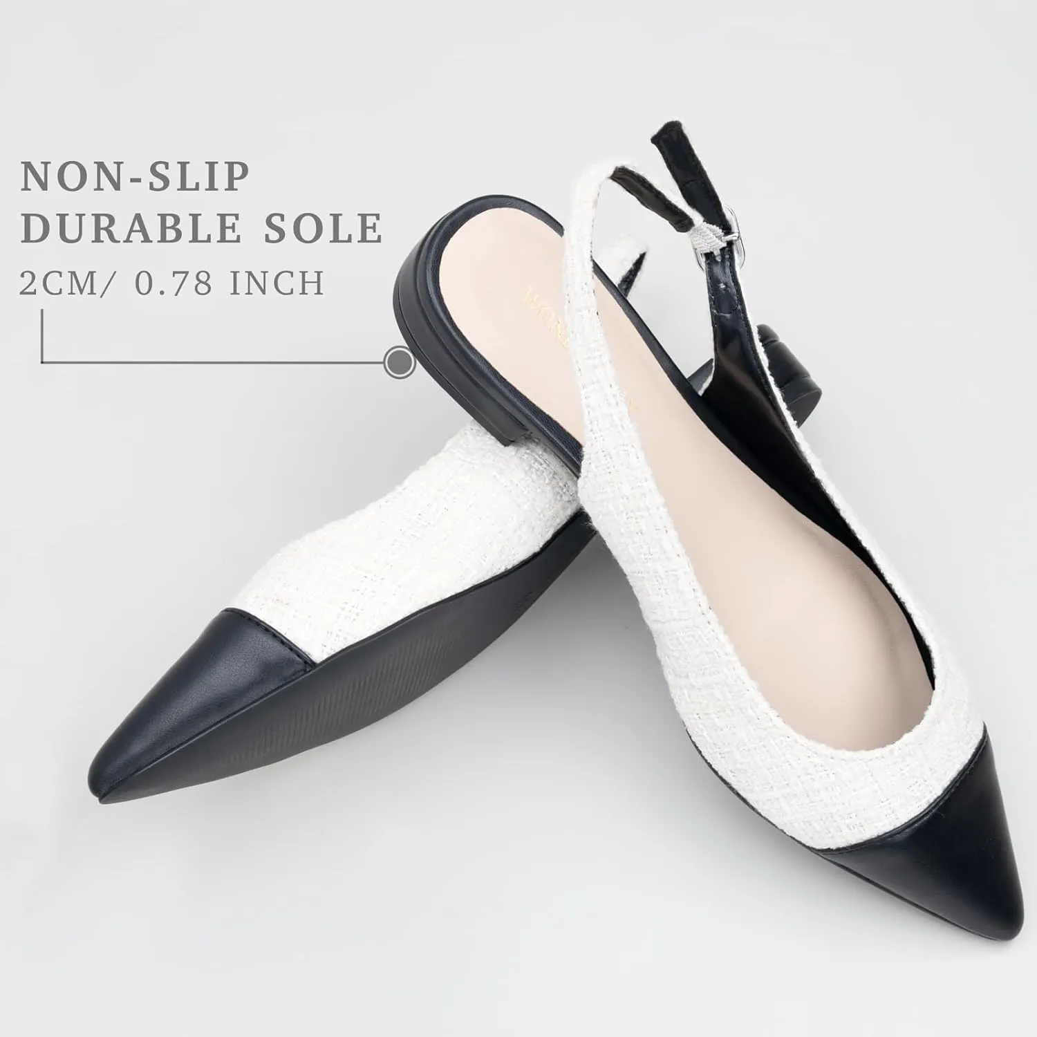 Women Slingback Flats Tweed Pointed Toe Slingback Flats Cap Toe Dress Shoes for Women