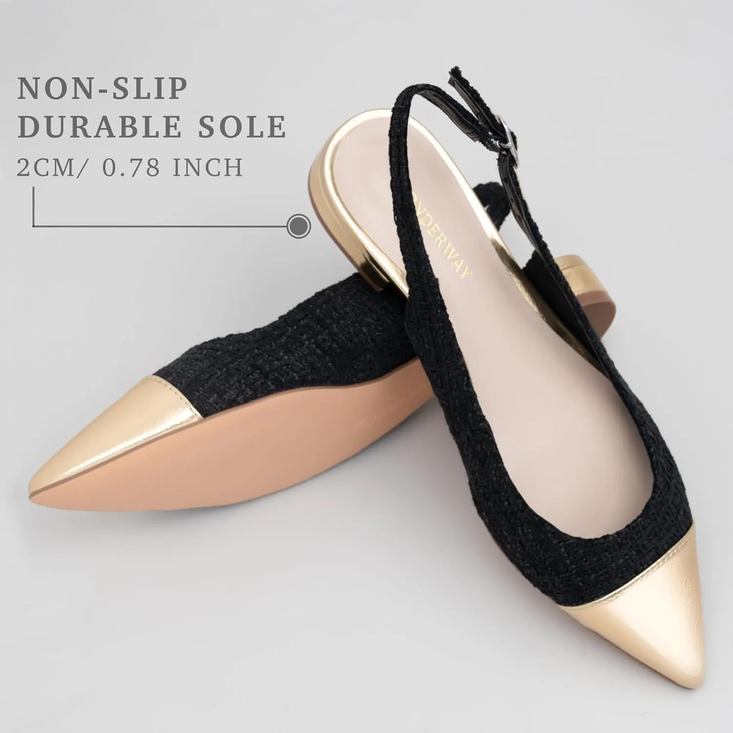 Women Slingback Flats Tweed Pointed Toe Slingback Flats Cap Toe Dress Shoes for Women