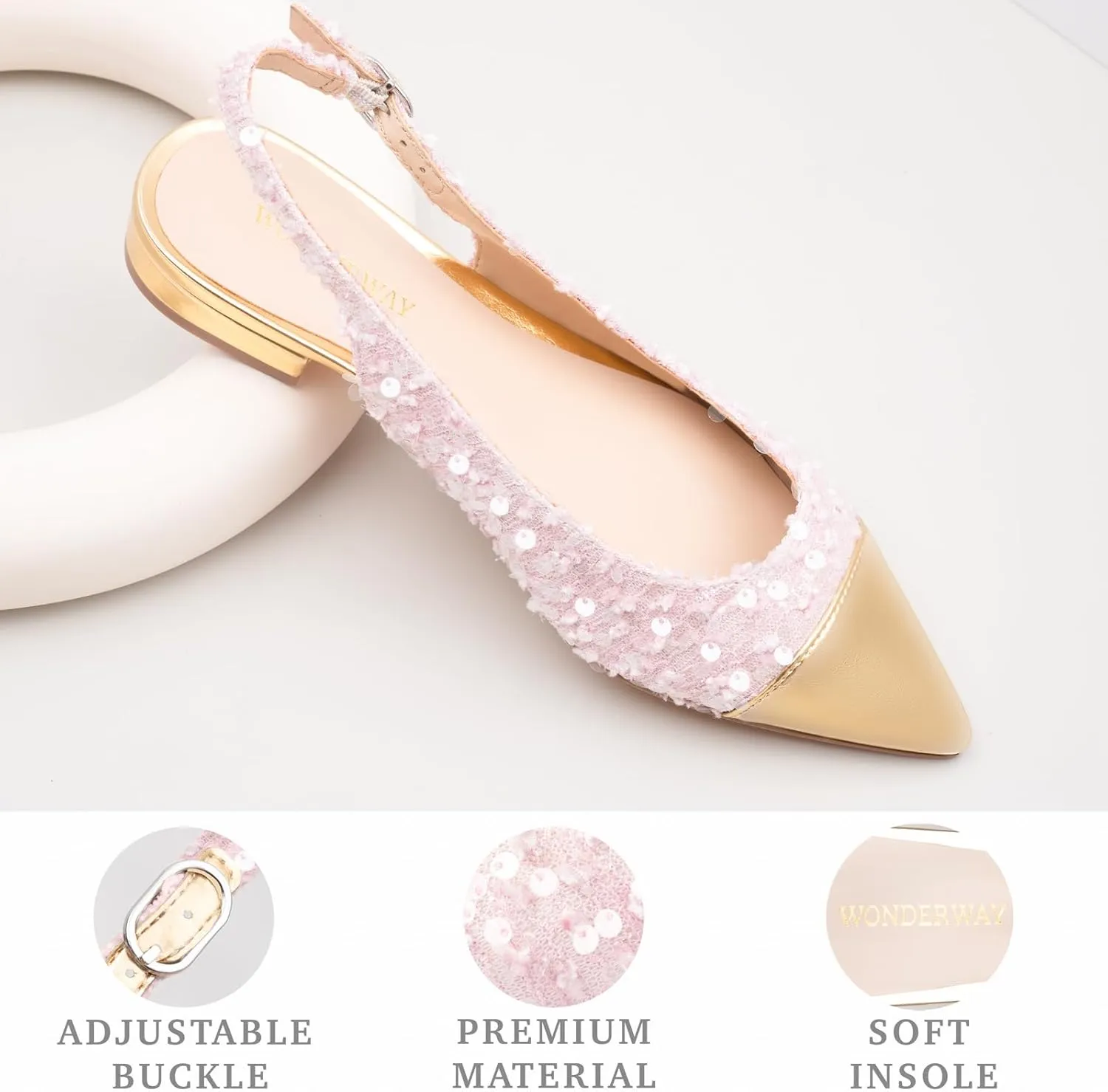 Women Slingback Flats Tweed Pointed Toe Slingback Flats Cap Toe Dress Shoes for Women