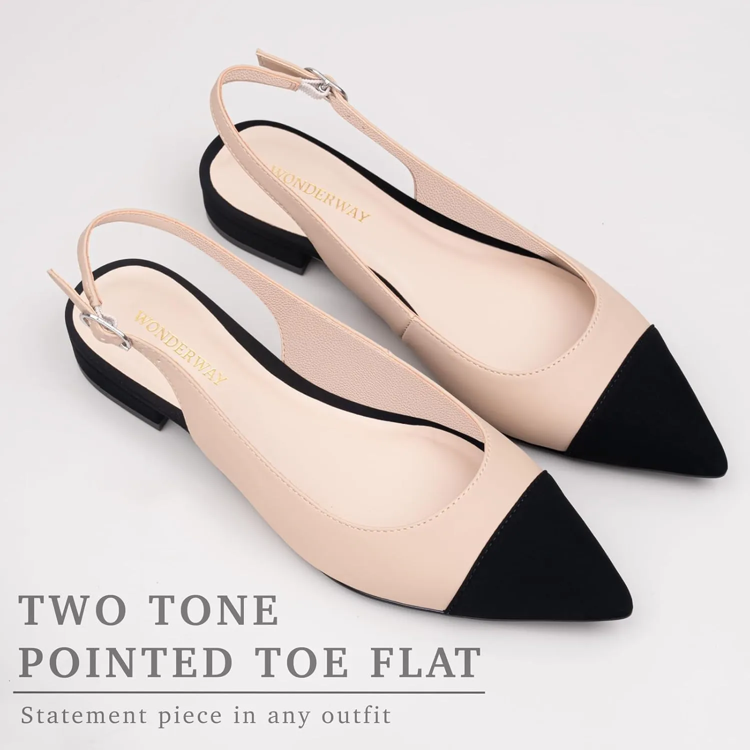 Women Slingback Flats Tweed Pointed Toe Slingback Flats Cap Toe Dress Shoes for Women