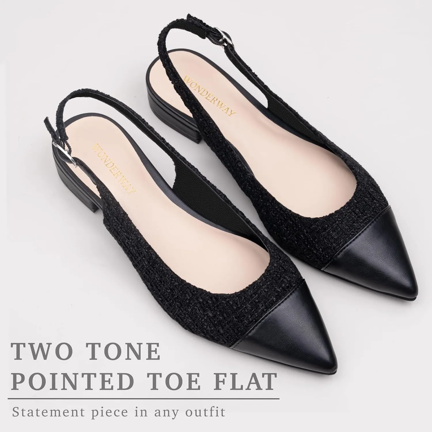 Women Slingback Flats Tweed Pointed Toe Slingback Flats Cap Toe Dress Shoes for Women