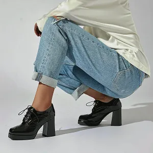 Women Square Toe Oxford Shoes Patent Leather Lace up Chunky Heel Brogue Booties Platform High Heel Pumps