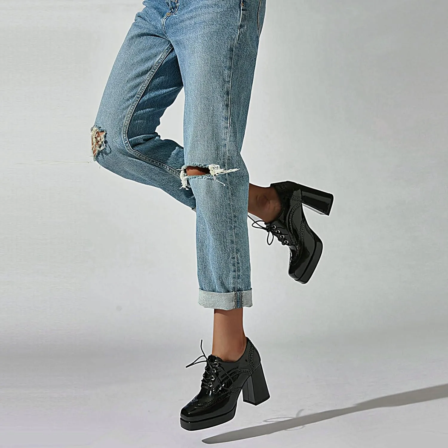 Women Square Toe Oxford Shoes Patent Leather Lace up Chunky Heel Brogue Booties Platform High Heel Pumps