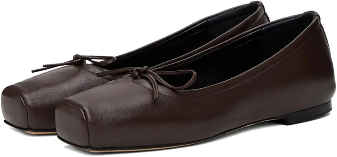 Women Vintage Square Toe Ballet Flats Bow Slip On Satin Flats Comfortable Matte Leather Metallic Flats Office Ladies Work Flat Heel Dress Shoes Club Driving Flat Shoes Spring 4-11 M US
