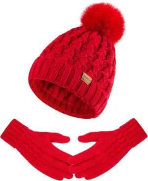 Women Winter Beanie Hat Scarf Gloves Set Pom Hat with Warm Fleece Lined Long Knit Scarf Touchscreen Gloves for Cold Weather