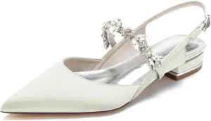 WomenPointed Toe Satin Wedding Flats for Bride Comfortable Rhinestones Bridal Shoes Evening Prom Party Dress Shoes Pumps Ivory Size 8