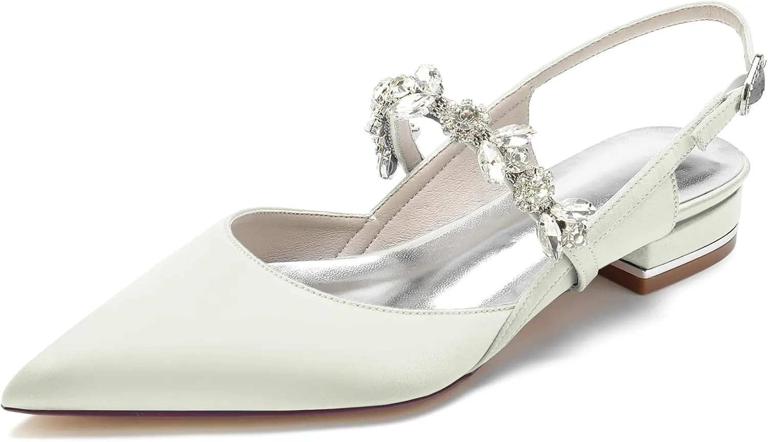 WomenPointed Toe Satin Wedding Flats for Bride Comfortable Rhinestones Bridal Shoes Evening Prom Party Dress Shoes Pumps Ivory Size 8