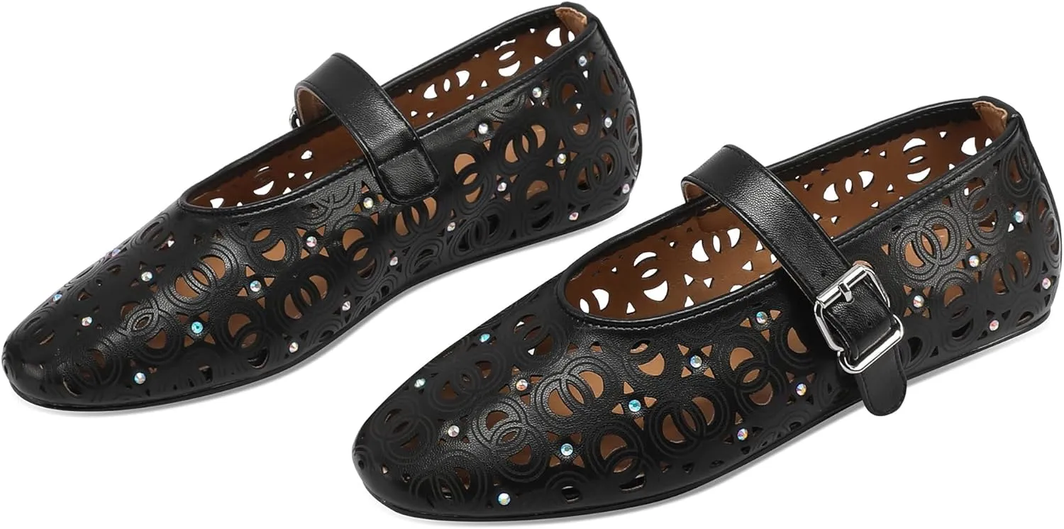 Women's Ballet Flats Laser Cut Leather Ballerinas Round Toe Rhinestone Buckle Flats Mesh Flats